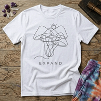 Single unbroken line tracing a rising sun into a cluster of mushroom caps and stems, minimalist line art, on a unisex t-shirt