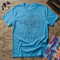 Single unbroken line tracing a rising sun into a cluster of mushroom caps and stems, minimalist line art, on a unisex t-shirt