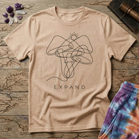 Single unbroken line tracing a rising sun into a cluster of mushroom caps and stems, minimalist line art, on a unisex t-shirt