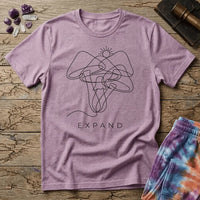 Single unbroken line tracing a rising sun into a cluster of mushroom caps and stems, minimalist line art, on a unisex t-shirt