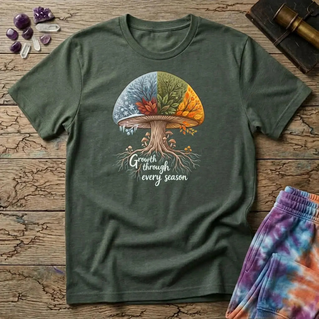 Printify T-Shirt Growth Through Any Season T-Shirt Mushroom Magic Mushroom T-Shirt