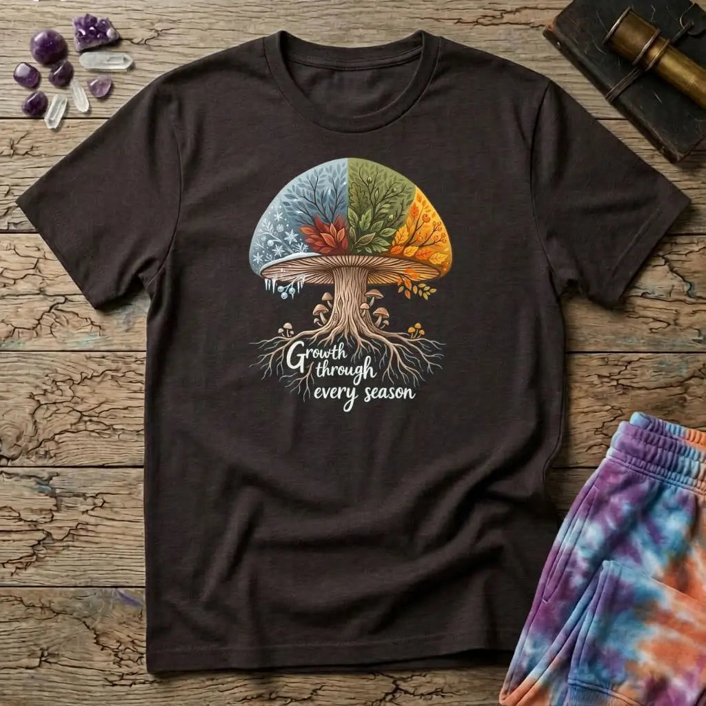Printify T-Shirt Growth Through Any Season T-Shirt Mushroom Magic Mushroom T-Shirt