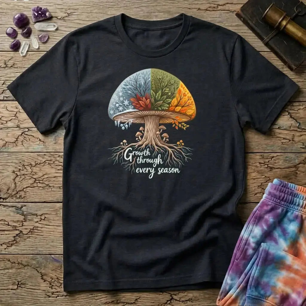Printify T-Shirt Growth Through Any Season T-Shirt Mushroom Magic Mushroom T-Shirt