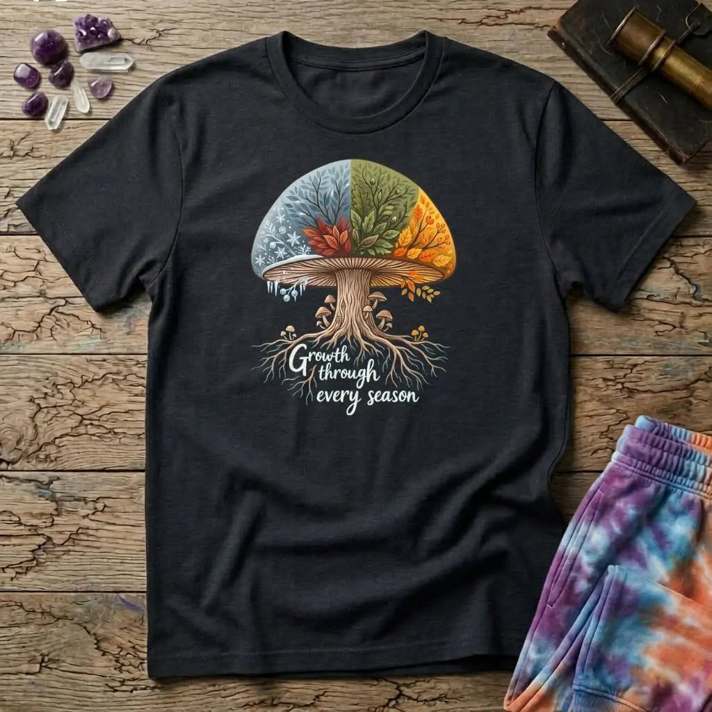 Printify T-Shirt Growth Through Any Season T-Shirt Mushroom Magic Mushroom T-Shirt