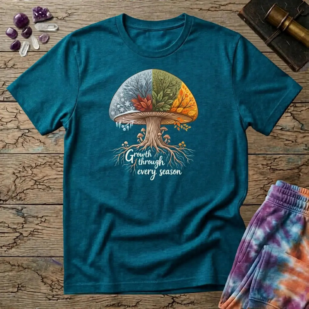 Printify T-Shirt Growth Through Any Season T-Shirt Mushroom Magic Mushroom T-Shirt