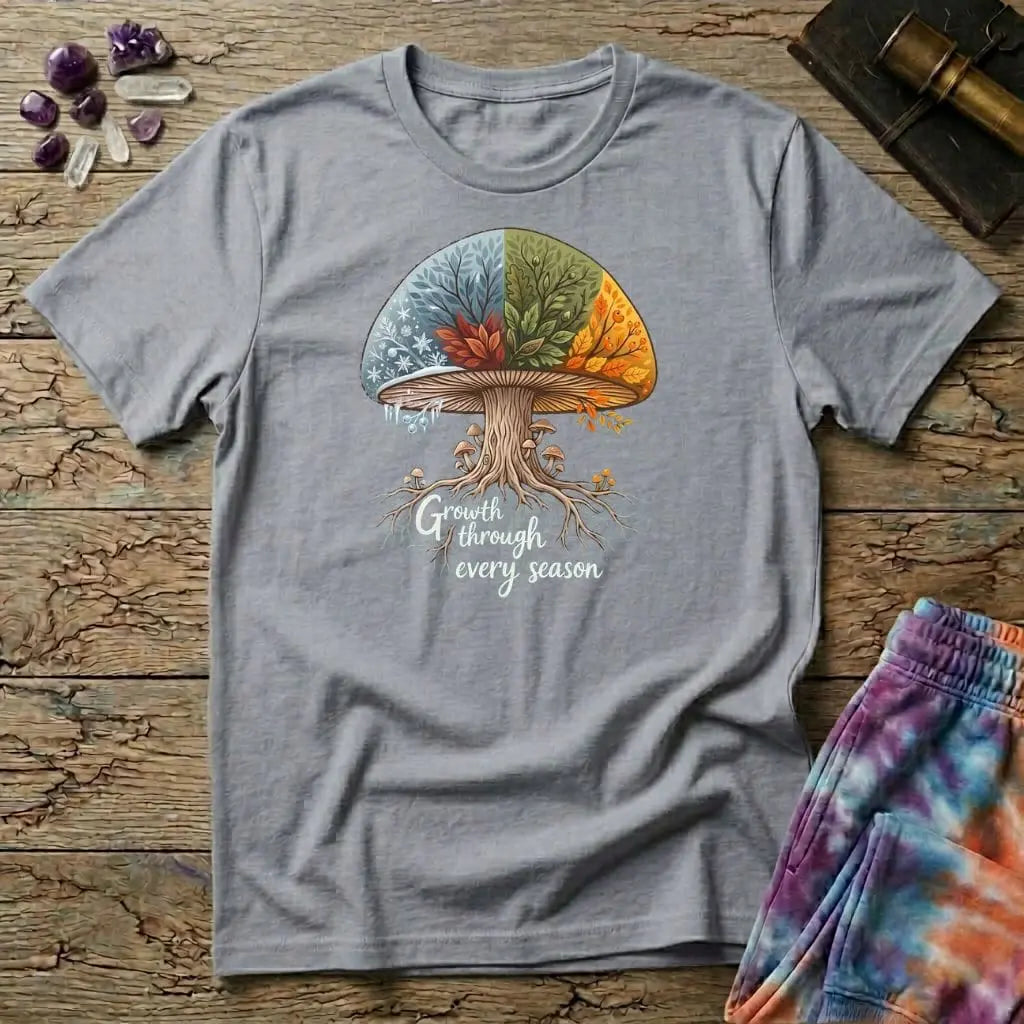 Printify T-Shirt Growth Through Any Season T-Shirt Mushroom Magic Mushroom T-Shirt