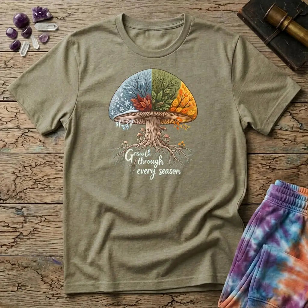 Printify T-Shirt Growth Through Any Season T-Shirt Mushroom Magic Mushroom T-Shirt