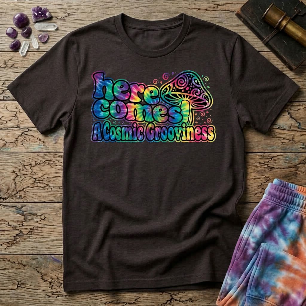 Printify T-Shirt Here Comes a Cosmic Grooviness Mushroom T-Shirt Mushroom Magic Mushroom T-Shirt