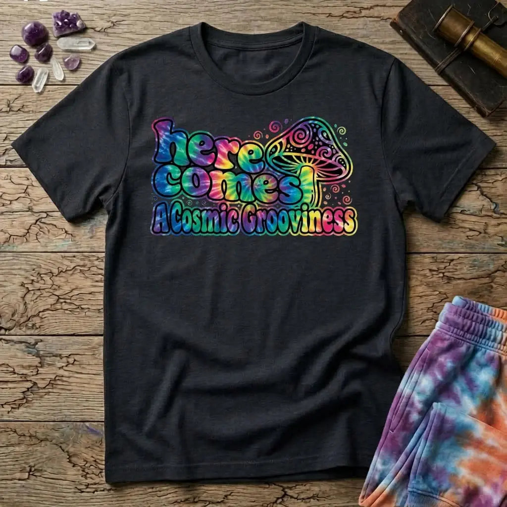 Printify T-Shirt Here Comes a Cosmic Grooviness Mushroom T-Shirt Mushroom Magic Mushroom T-Shirt