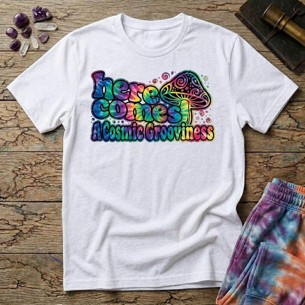 Printify T-Shirt Here Comes a Cosmic Grooviness Mushroom T-Shirt Mushroom Magic Mushroom T-Shirt