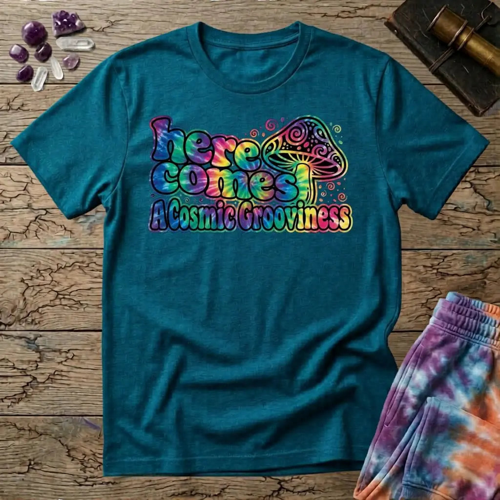 Printify T-Shirt Here Comes a Cosmic Grooviness Mushroom T-Shirt Mushroom Magic Mushroom T-Shirt