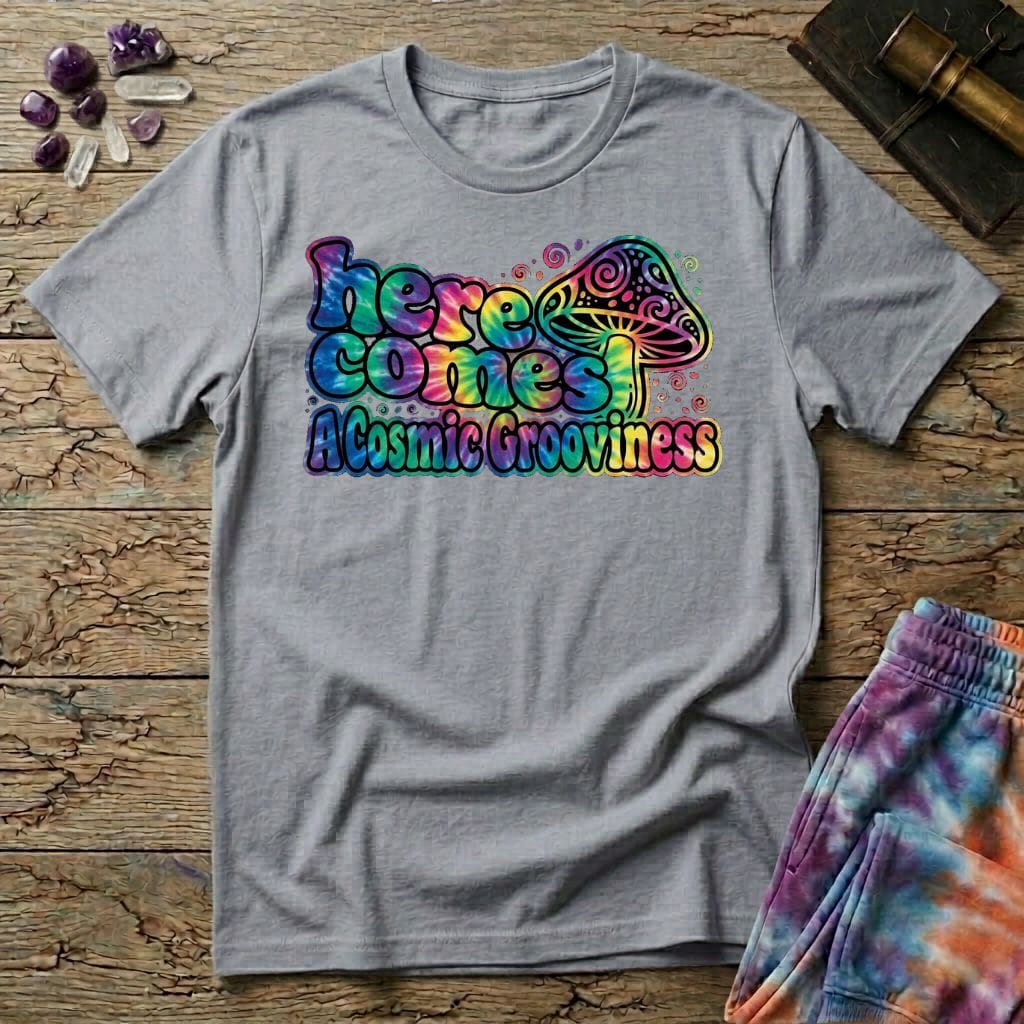 Printify T-Shirt Here Comes a Cosmic Grooviness Mushroom T-Shirt Mushroom Magic Mushroom T-Shirt