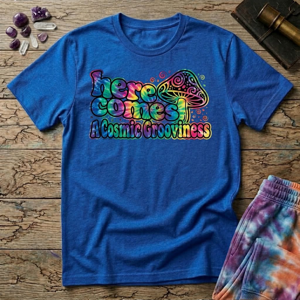 Printify T-Shirt Here Comes a Cosmic Grooviness Mushroom T-Shirt Mushroom Magic Mushroom T-Shirt