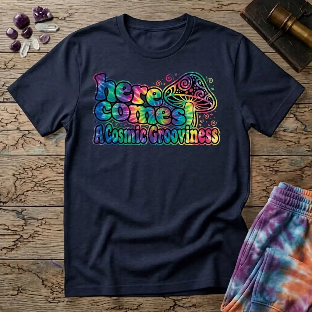 Printify T-Shirt Here Comes a Cosmic Grooviness Mushroom T-Shirt Mushroom Magic Mushroom T-Shirt