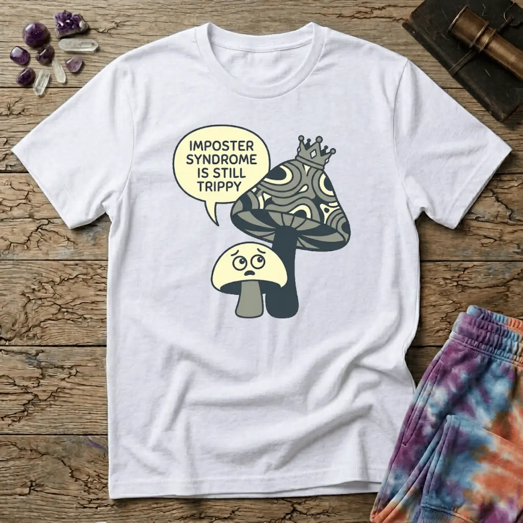 Small worried mushroom beside a larger crowned one, captioned imposter syndrome is still trippy, on a unisex t-shirt