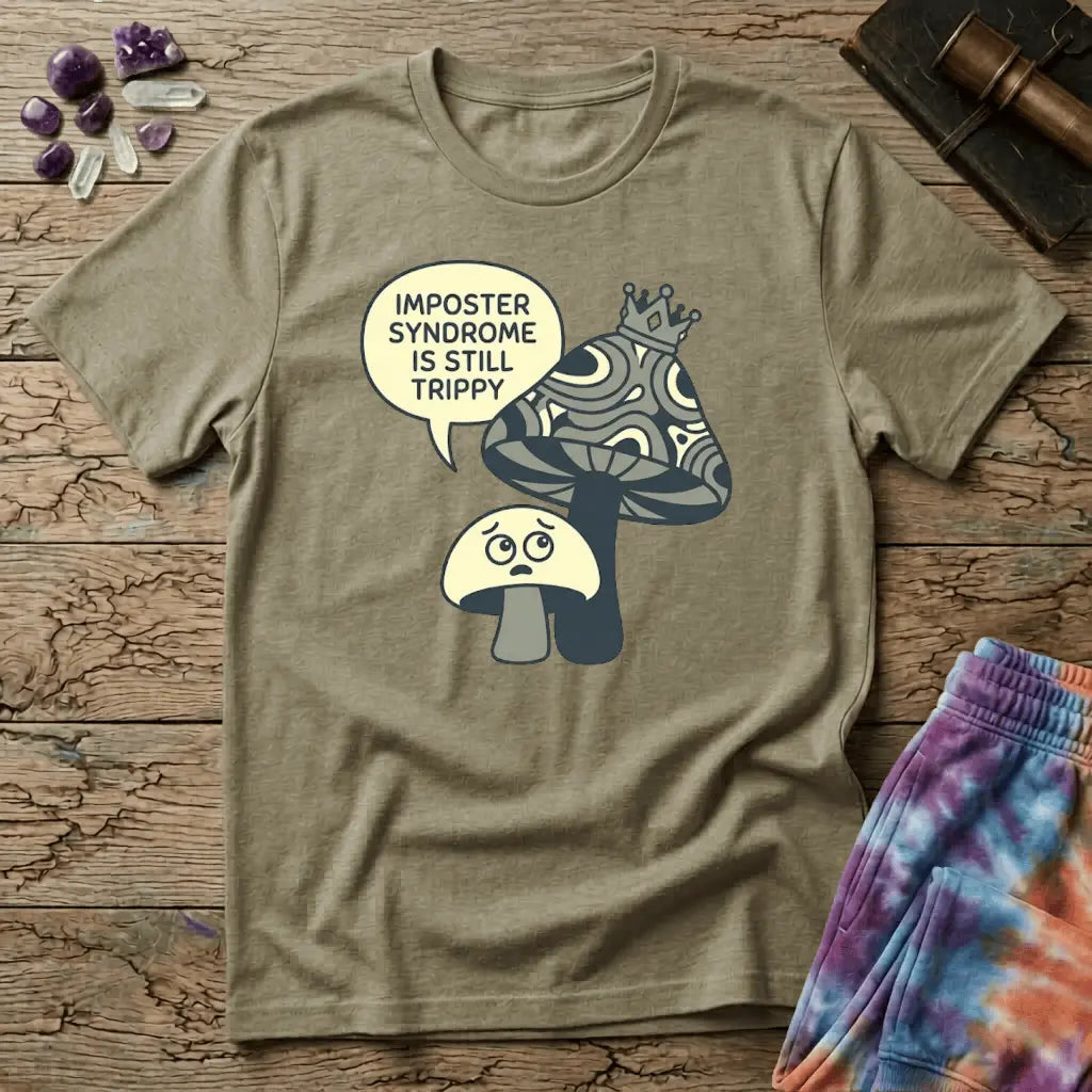 Small worried mushroom beside a larger crowned one, captioned imposter syndrome is still trippy, on a unisex t-shirt