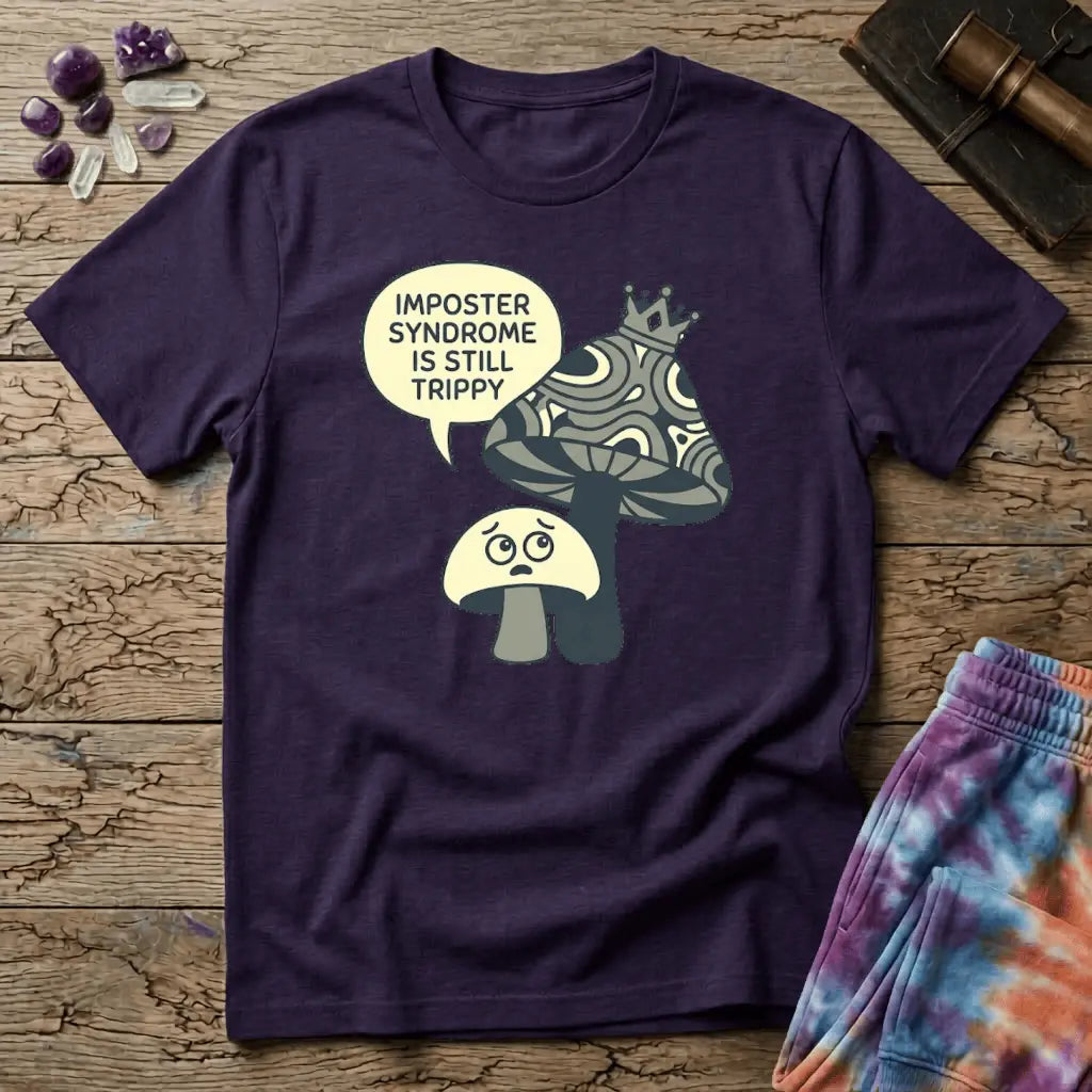 Small worried mushroom beside a larger crowned one, captioned imposter syndrome is still trippy, on a unisex t-shirt