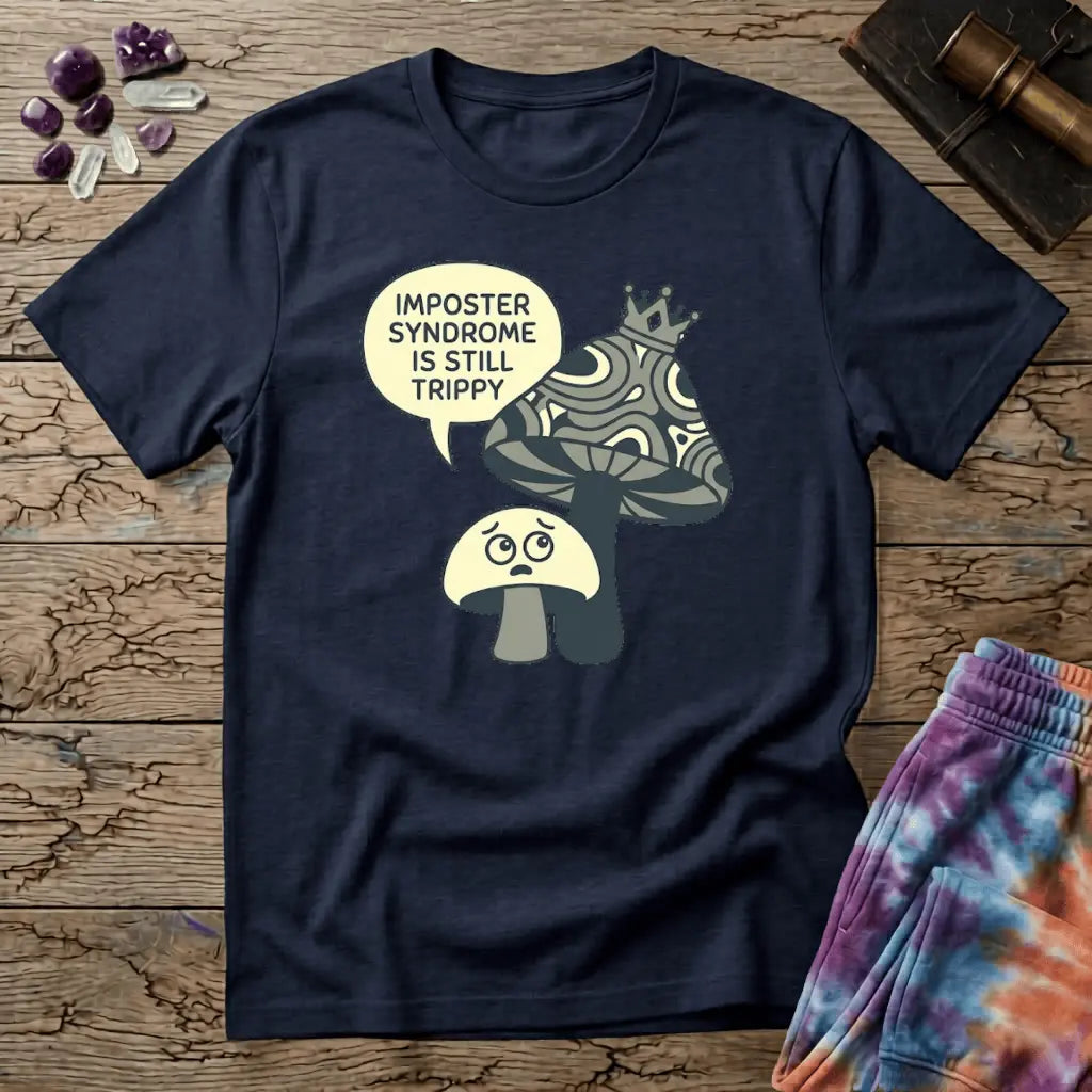 Small worried mushroom beside a larger crowned one, captioned imposter syndrome is still trippy, on a unisex t-shirt