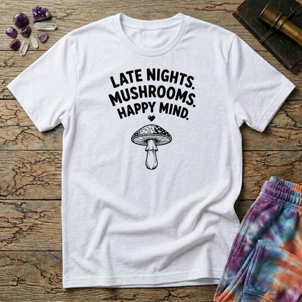 Printify T-Shirt Late Nights Mushrooms Happy Mind T-Shirt Mushroom Magic Mushroom T-Shirt