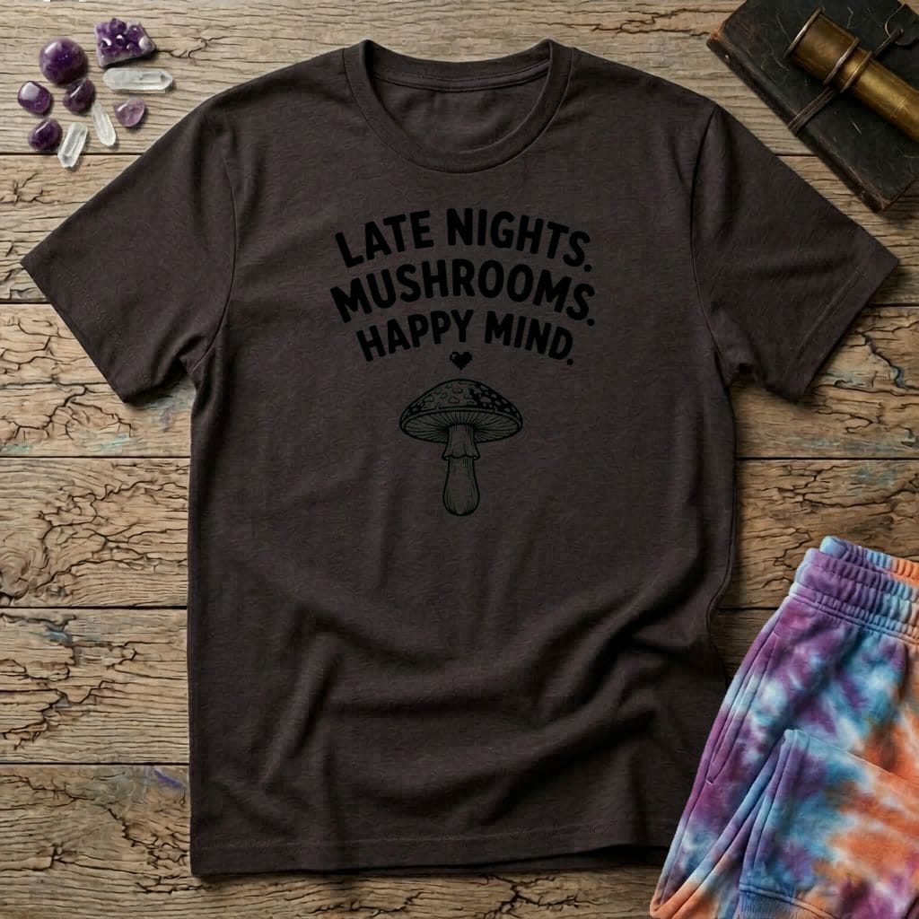 Printify T-Shirt Late Nights Mushrooms Happy Mind T-Shirt Mushroom Magic Mushroom T-Shirt