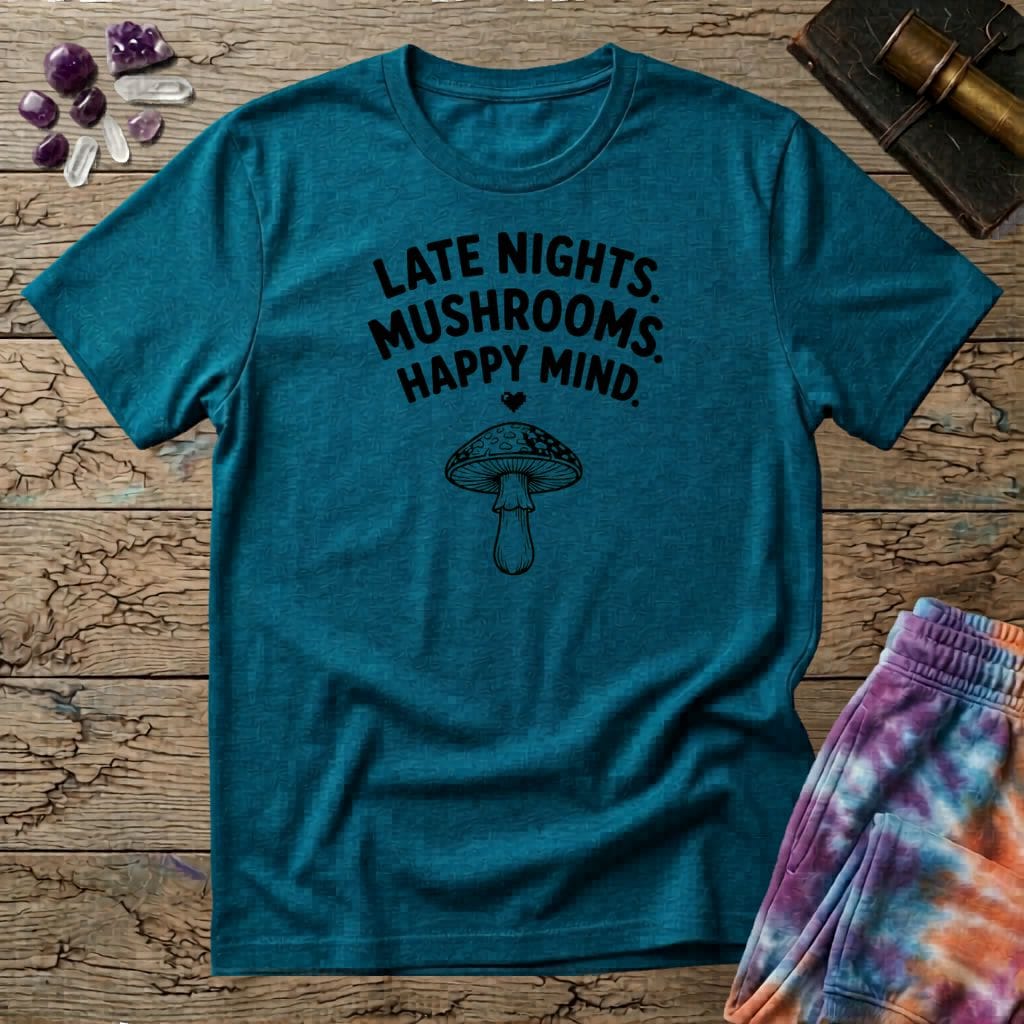 Printify T-Shirt Late Nights Mushrooms Happy Mind T-Shirt Mushroom Magic Mushroom T-Shirt