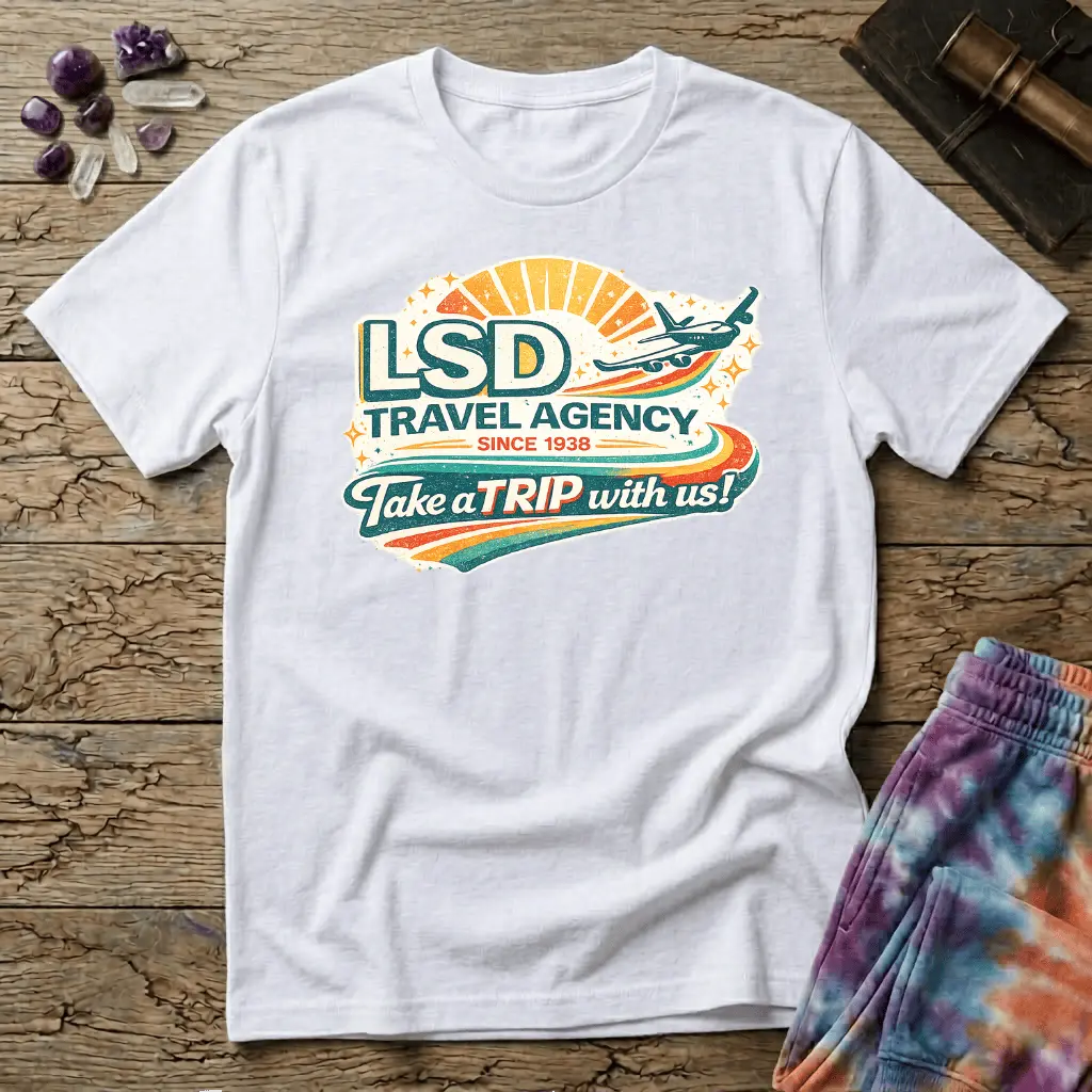 Retro airline-style badge with a plane soaring past a golden sunburst and rainbow streaks, reading LSD Travel Agency, on a unisex t-shirt