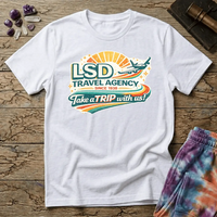 Retro airline-style badge with a plane soaring past a golden sunburst and rainbow streaks, reading LSD Travel Agency, on a unisex t-shirt