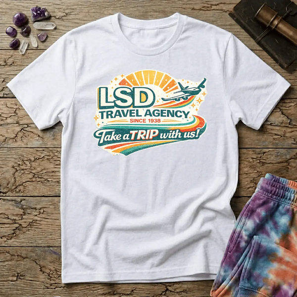 Retro airline-style badge with a plane soaring past a golden sunburst and rainbow streaks, reading LSD Travel Agency, on a unisex t-shirt