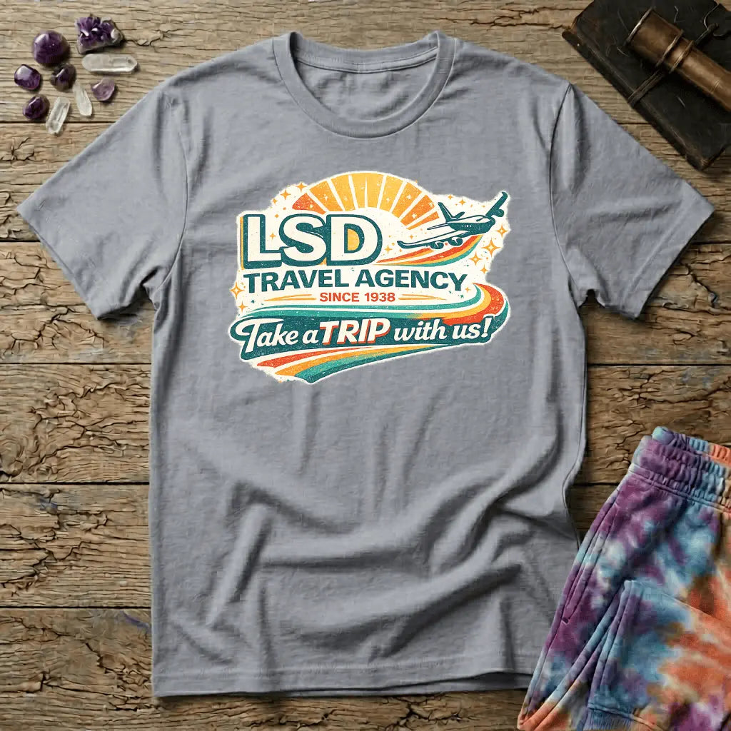 Retro airline-style badge with a plane soaring past a golden sunburst and rainbow streaks, reading LSD Travel Agency, on a unisex t-shirt