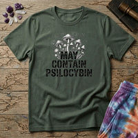 Hand-drawn mushrooms growing out of distressed May Contain Psilocybin lettering over faint molecular hexagons, on a unisex t-shirt
