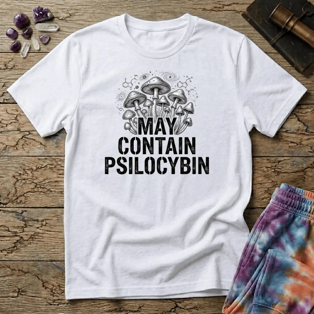 Hand-drawn mushrooms growing out of distressed May Contain Psilocybin lettering over faint molecular hexagons, on a unisex t-shirt
