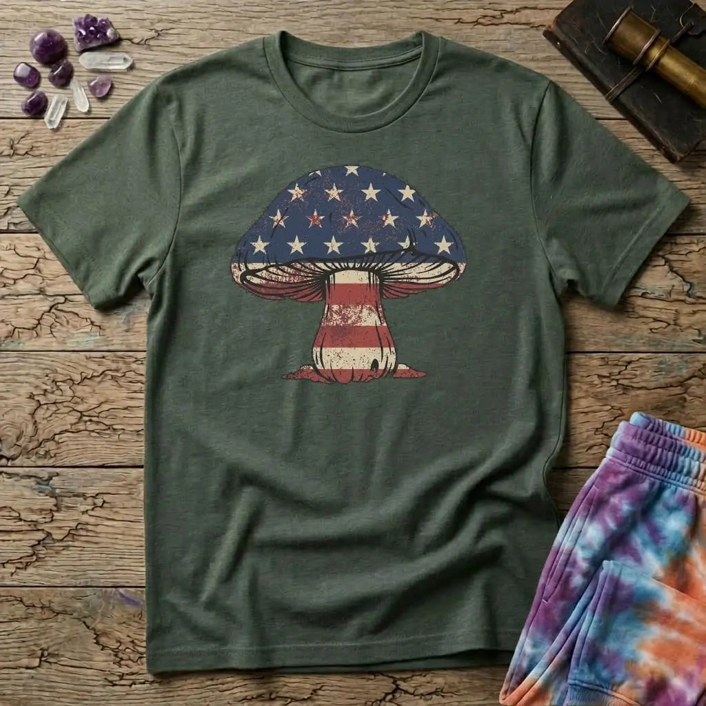 Printify T-Shirt Mushroom Flag USA T-Shirt Mushroom Magic Mushroom T-Shirt
