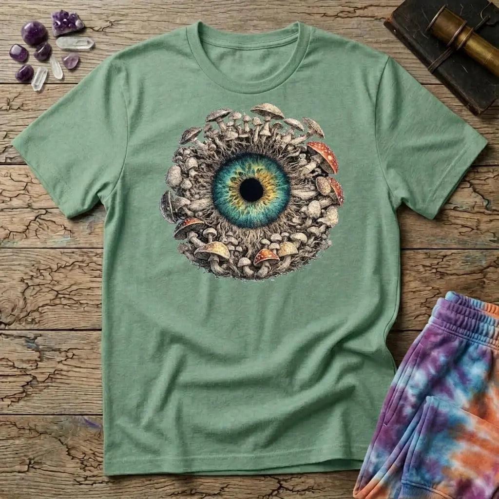 Hyper-detailed teal and gold iris with a dark pupil, ringed by mushrooms standing in for lashes, on a unisex t-shirt