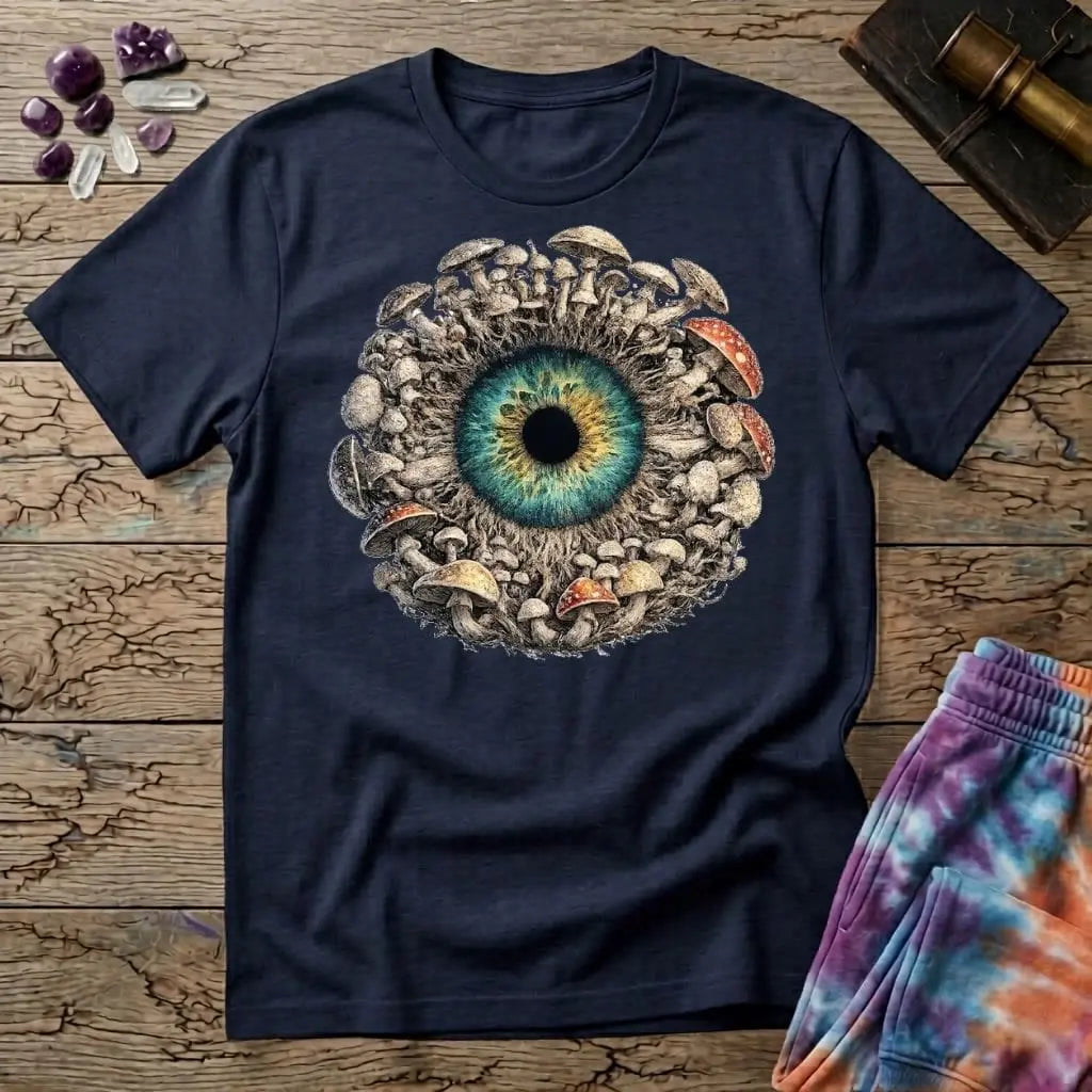Hyper-detailed teal and gold iris with a dark pupil, ringed by mushrooms standing in for lashes, on a unisex t-shirt