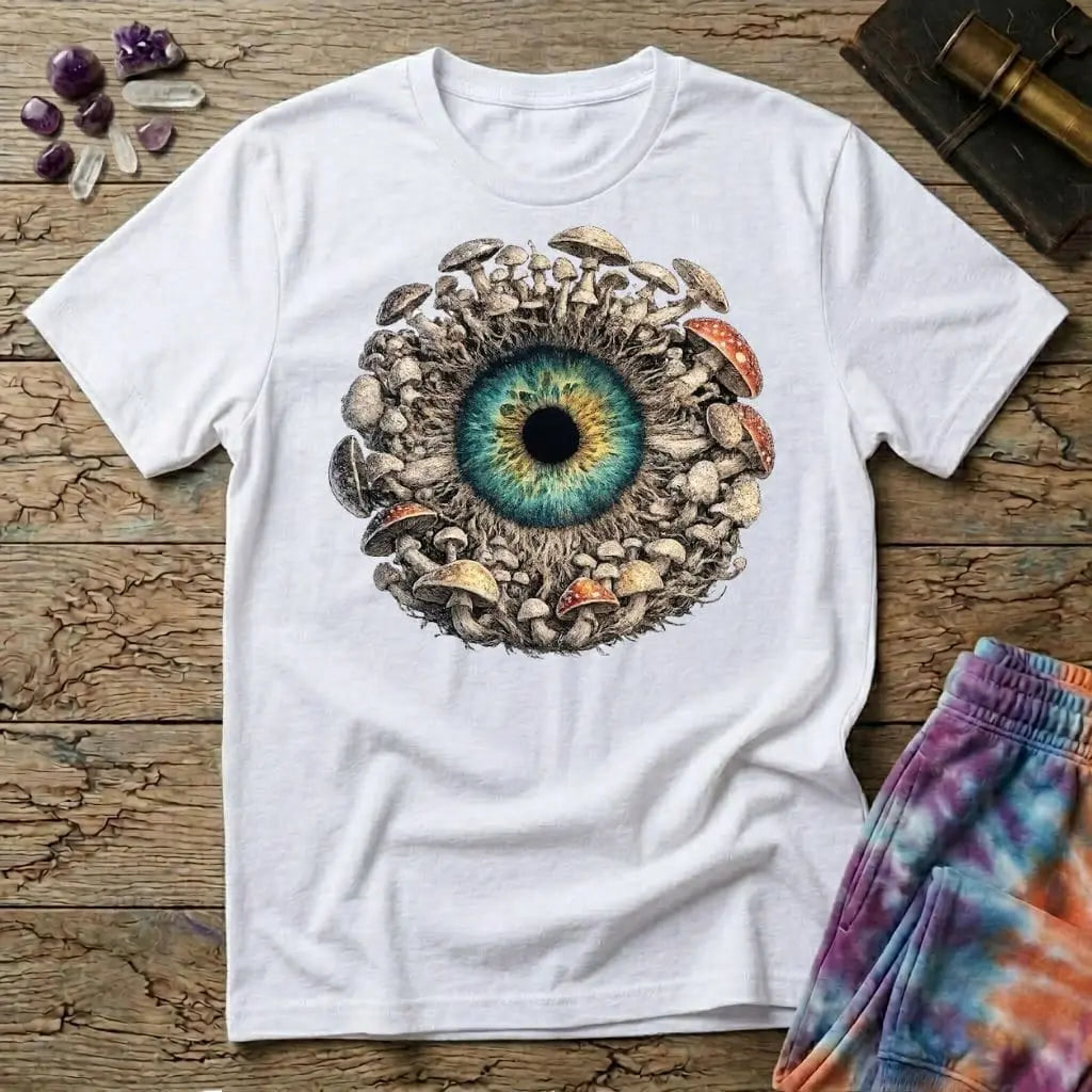 Hyper-detailed teal and gold iris with a dark pupil, ringed by mushrooms standing in for lashes, on a unisex t-shirt