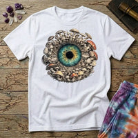 Hyper-detailed teal and gold iris with a dark pupil, ringed by mushrooms standing in for lashes, on a unisex t-shirt