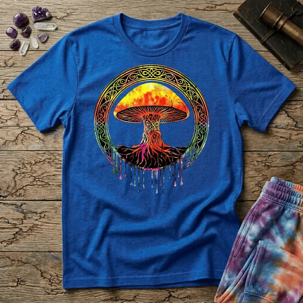Watercolor mushroom in fiery reds and oranges framed by an ornate Celtic knotwork ring with roots trailing below, on a unisex t-shirt