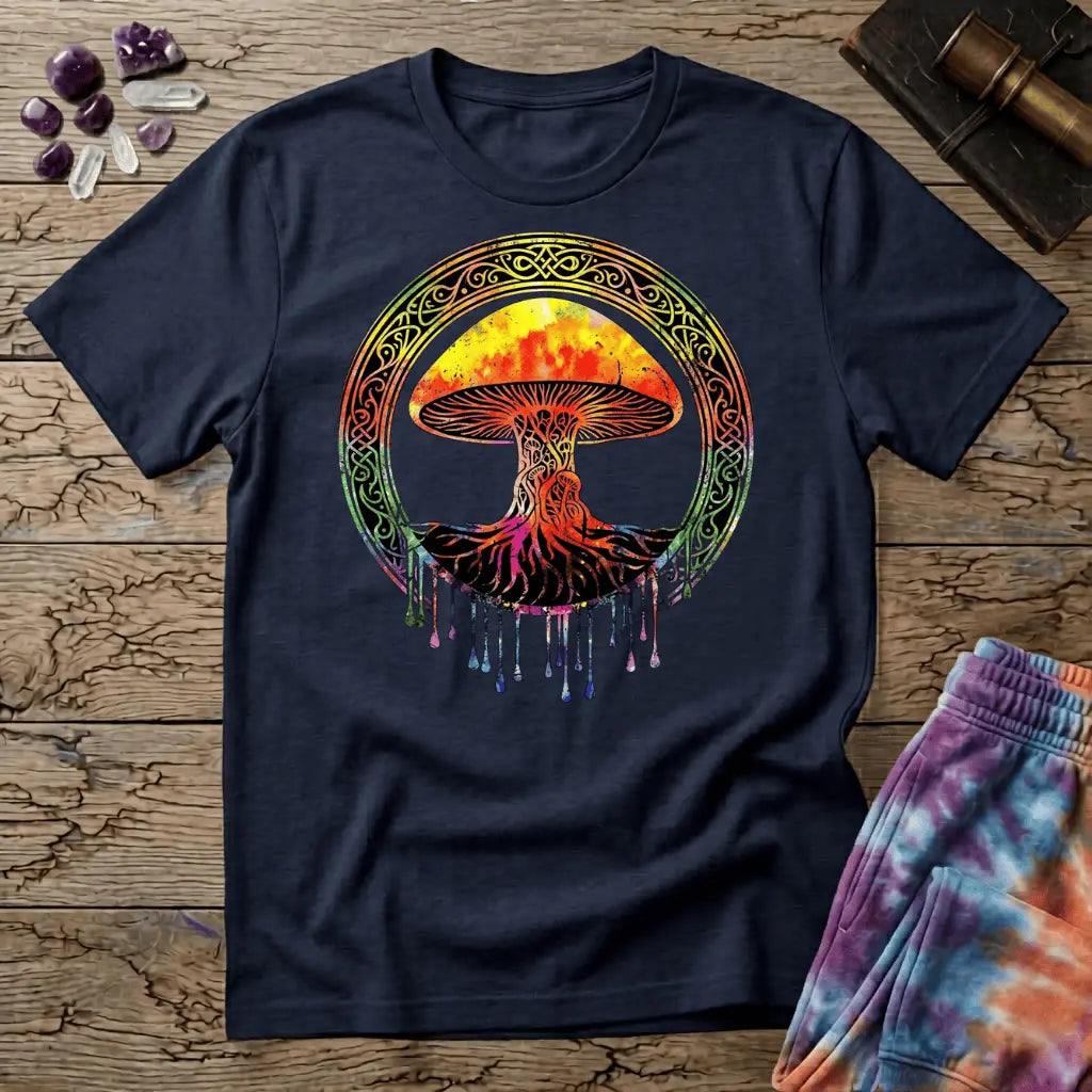 Watercolor mushroom in fiery reds and oranges framed by an ornate Celtic knotwork ring with roots trailing below, on a unisex t-shirt