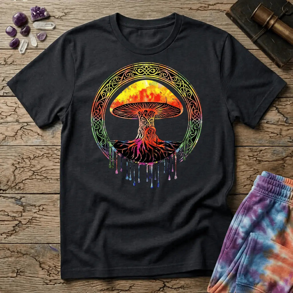 Watercolor mushroom in fiery reds and oranges framed by an ornate Celtic knotwork ring with roots trailing below, on a unisex t-shirt