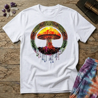 Watercolor mushroom in fiery reds and oranges framed by an ornate Celtic knotwork ring with roots trailing below, on a unisex t-shirt
