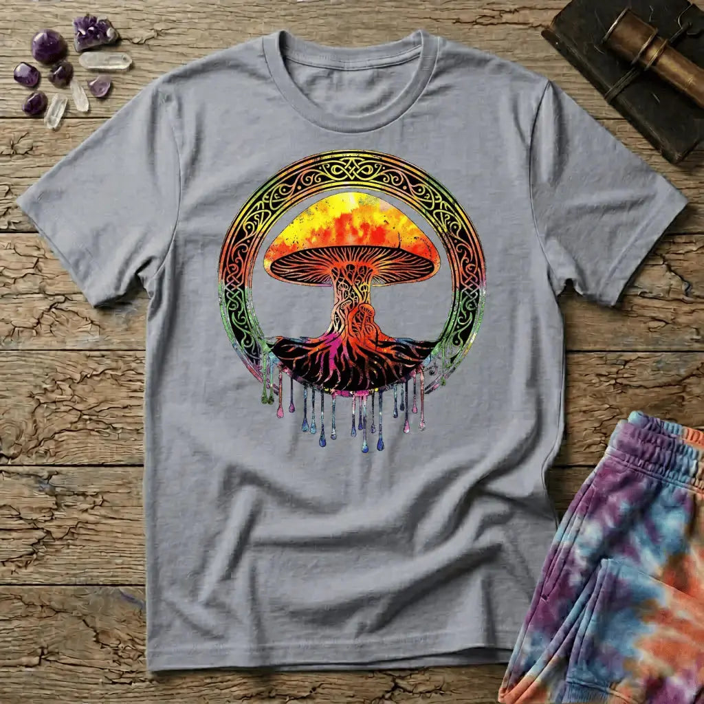 Watercolor mushroom in fiery reds and oranges framed by an ornate Celtic knotwork ring with roots trailing below, on a unisex t-shirt