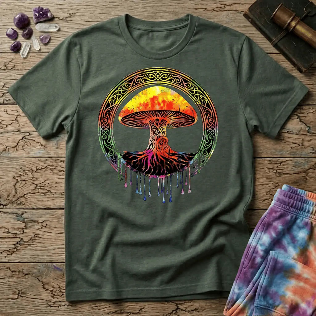 Watercolor mushroom in fiery reds and oranges framed by an ornate Celtic knotwork ring with roots trailing below, on a unisex t-shirt