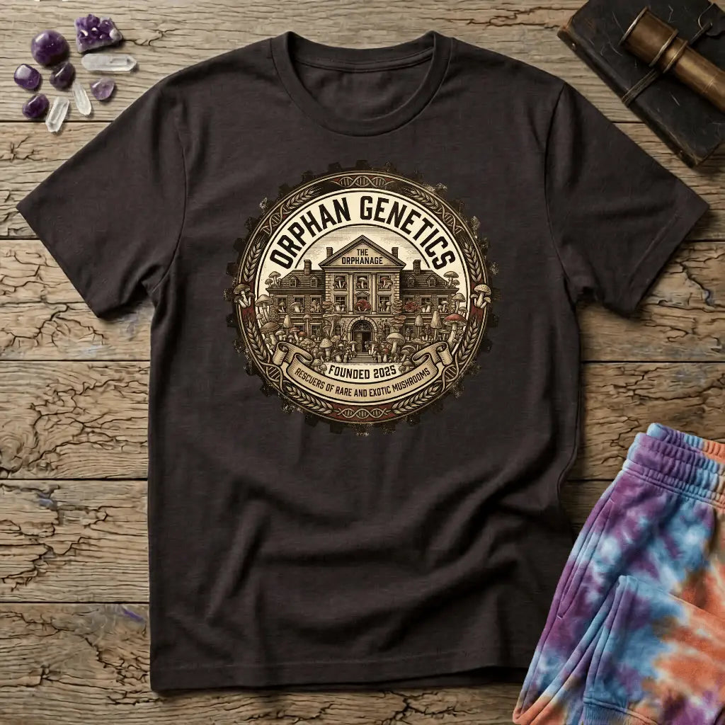 Printify T-Shirt Orphan Genetics Mushroom Mycology Thornton Colorado T-Shirt Mushroom Magic Mushroom T-Shirt
