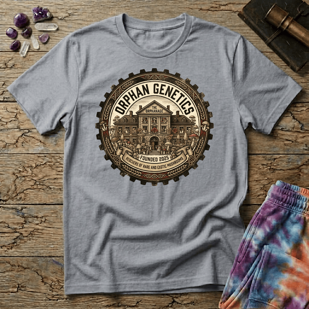 Printify T-Shirt Orphan Genetics Mushroom Mycology Thornton Colorado T-Shirt Mushroom Magic Mushroom T-Shirt