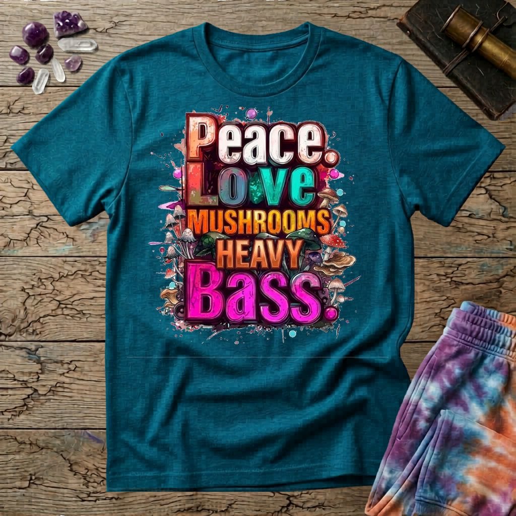 Printify T-Shirt Peace Love Mushrooms Heavy Bass T-Shirt Mushroom Magic Mushroom T-Shirt