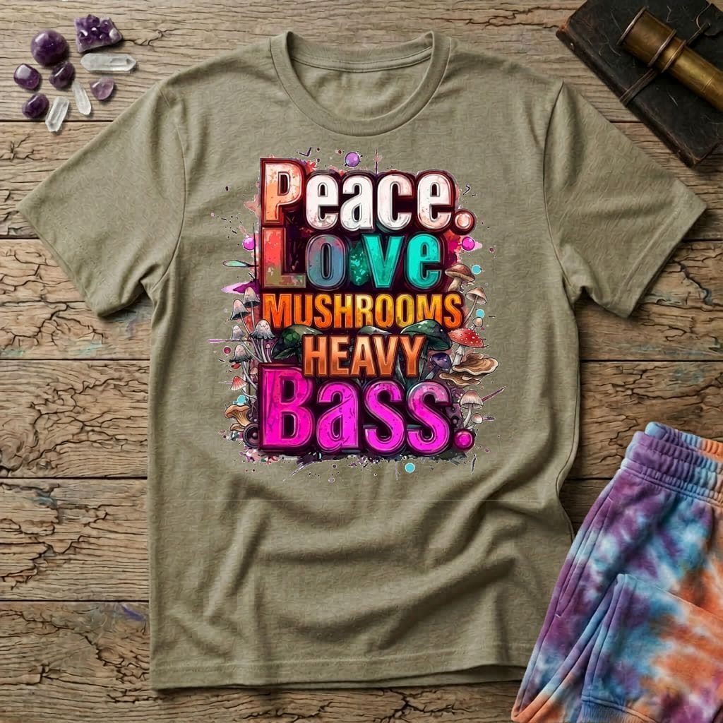 Printify T-Shirt Peace Love Mushrooms Heavy Bass T-Shirt Mushroom Magic Mushroom T-Shirt