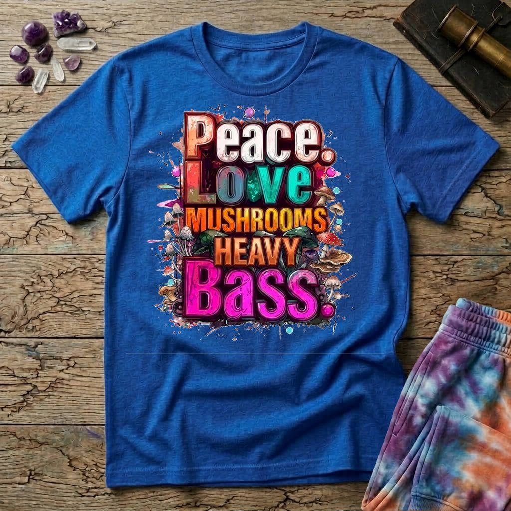 Printify T-Shirt Peace Love Mushrooms Heavy Bass T-Shirt Mushroom Magic Mushroom T-Shirt