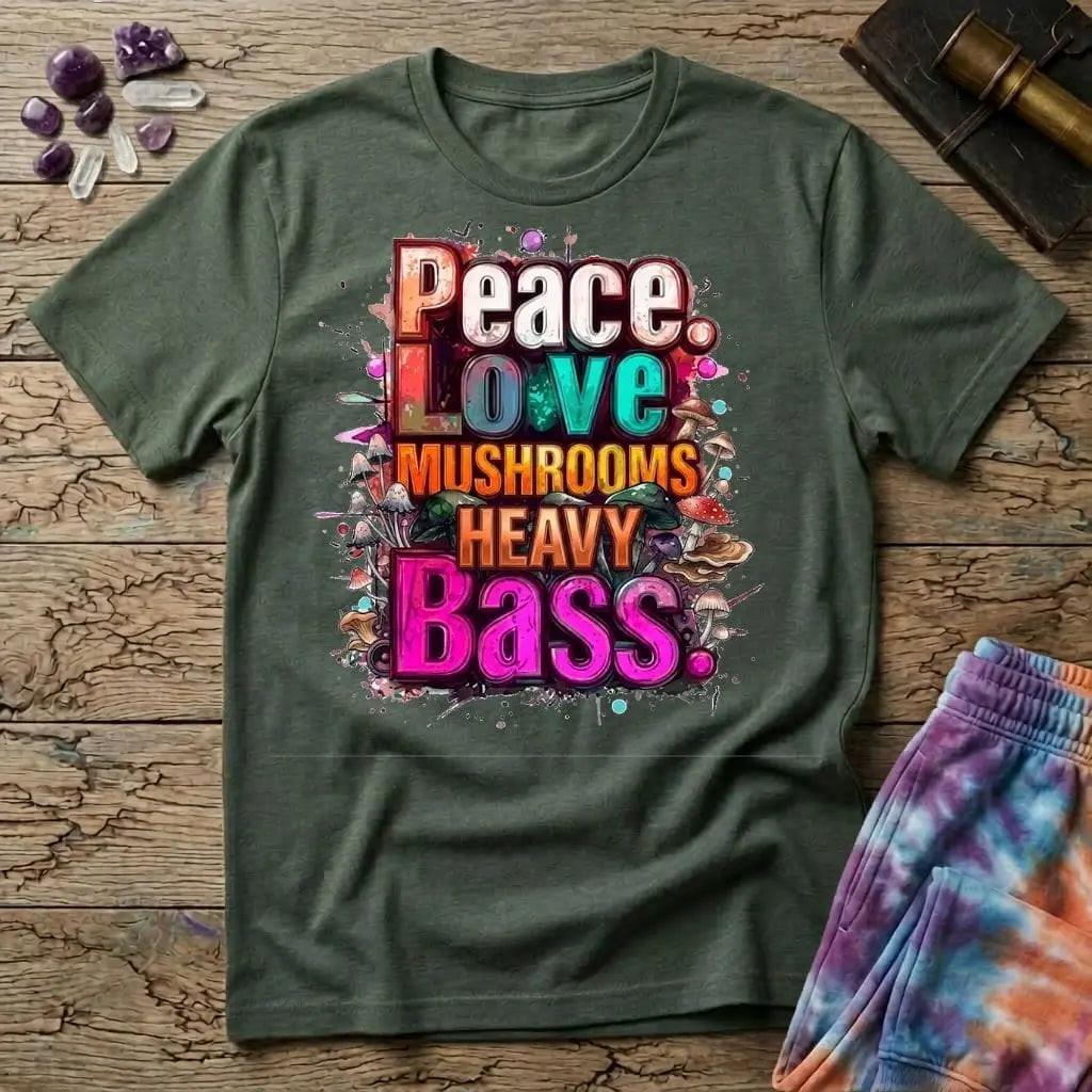 Printify T-Shirt Peace Love Mushrooms Heavy Bass T-Shirt Mushroom Magic Mushroom T-Shirt