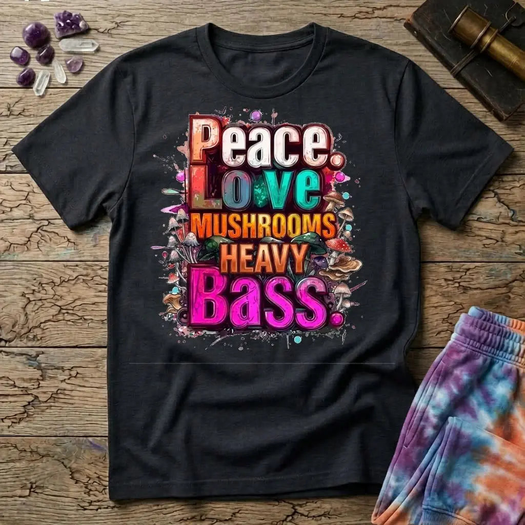 Printify T-Shirt Peace Love Mushrooms Heavy Bass T-Shirt Mushroom Magic Mushroom T-Shirt