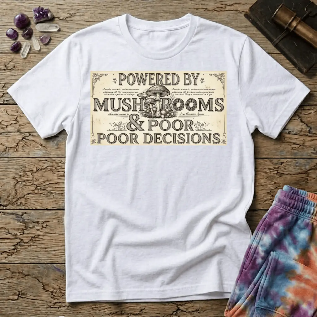 Printify T-Shirt Powered by Mushrooms & Poor Decisions Too T-Shirt Mushroom Magic Mushroom T-Shirt